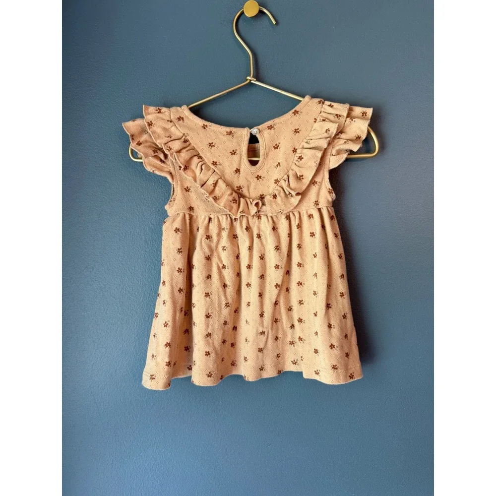 Quincy Mae Baby Girl Tan Floral Pointelle Flutter Sleeve Ruffle Top 6-12M